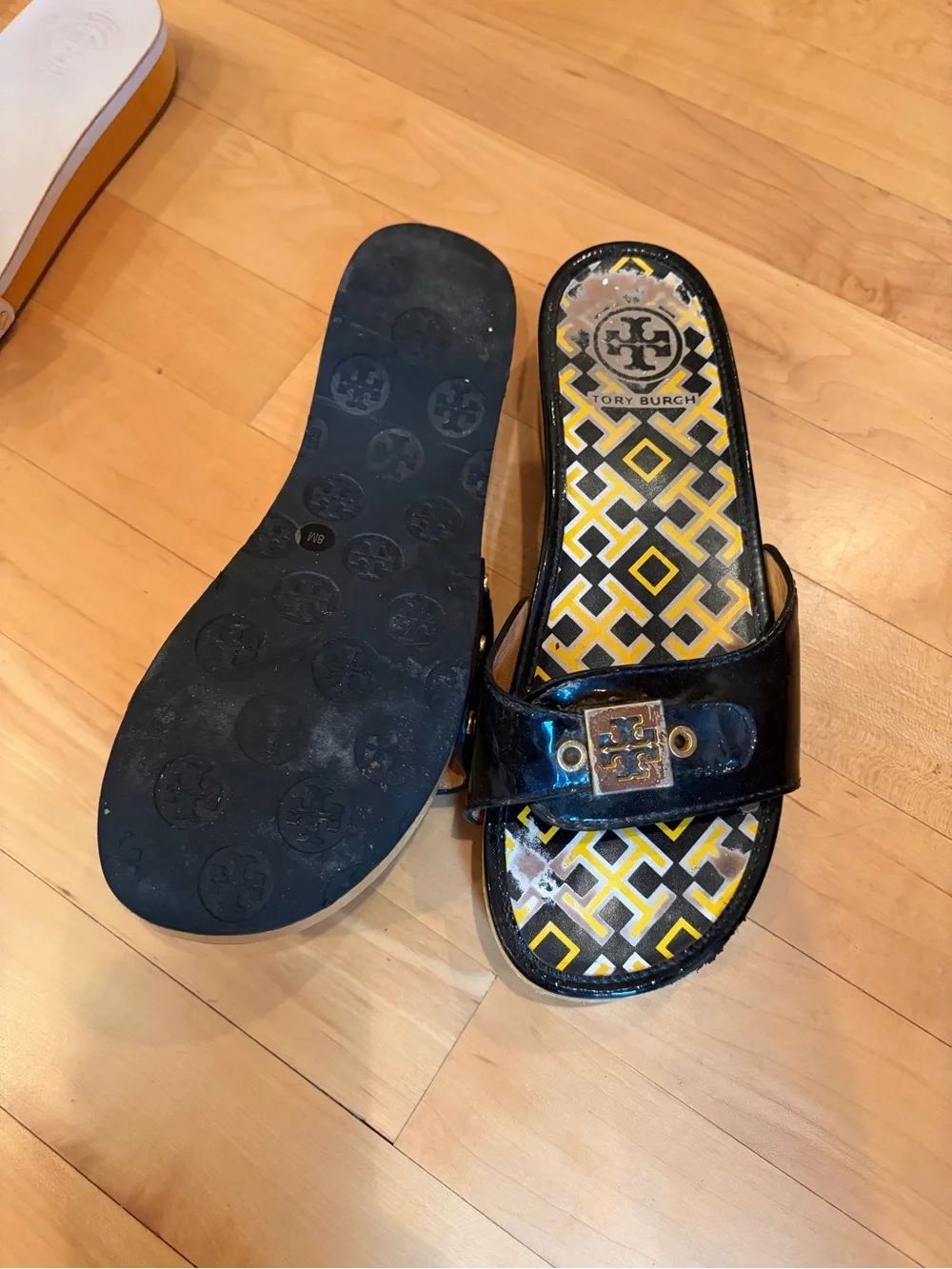 Tory Burch Black Patent Logo Slide Sandals with Yellow Accent Insole